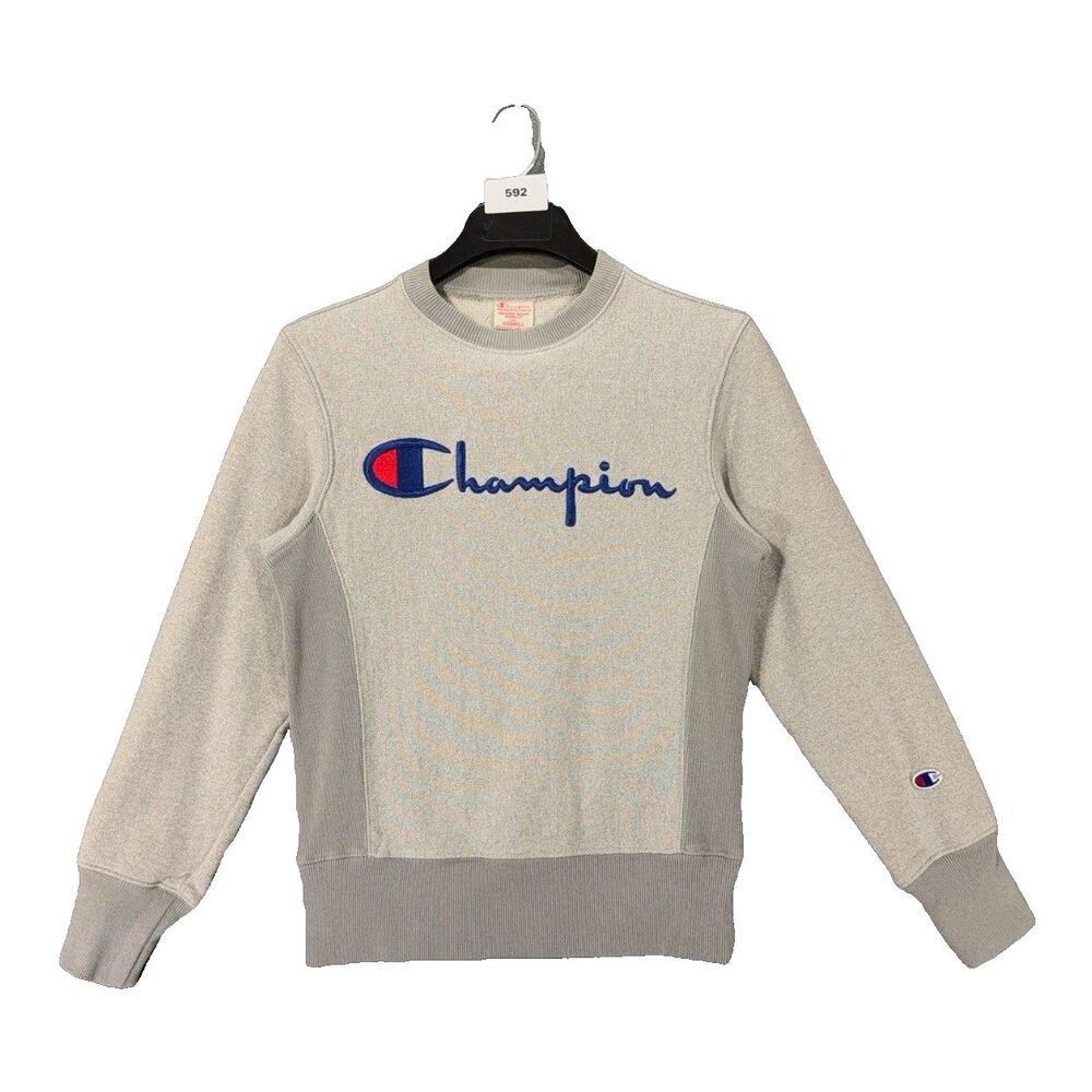 Champion Mens XS Reverse Weave Script Logo Crewneck Sweatshirt Grey Warm Up